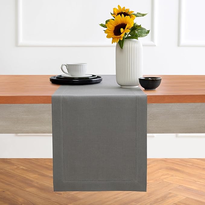 Solino Home Linen Steel Gray Table Runner 72 Inches Long - 100% Pure Linen Hemstitch Table Runner 14 x 72 Inch for Dresser, Dining, Fall, Autumn - Classic Hemstitch