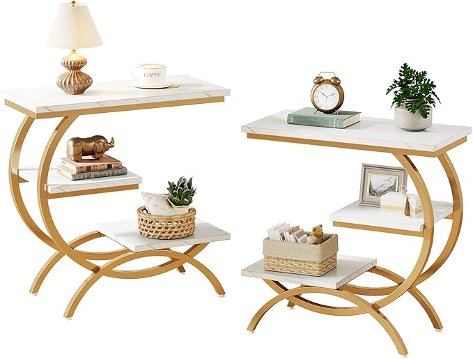 Tribesigns C-Shaped End Table Set of 2, Industrial 3-Tier Small Side Table for Couch, Wood Bedside Table Snack Side Table with Storage Shelves for Living Room Small Space, White Gold