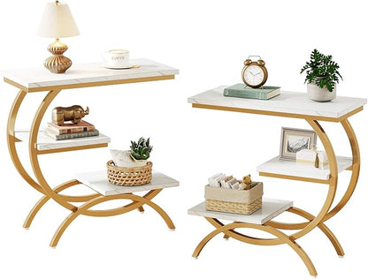 Tribesigns C-Shaped End Table Set of 2, Industrial 3-Tier Small Side Table for Couch, Wood Bedside Table Snack Side Table with Storage Shelves for Living Room Small Space, White Gold
