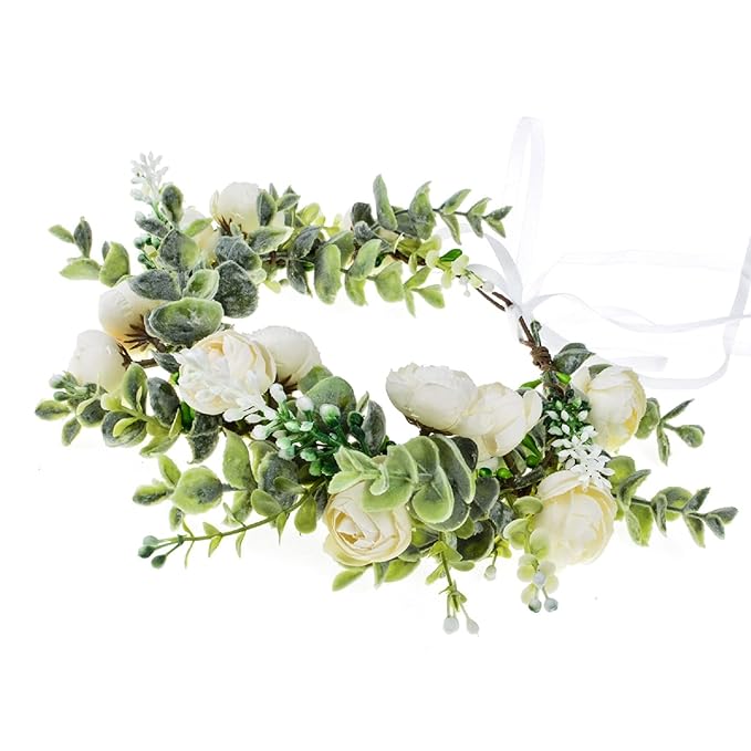 Vividsun Wedding Bridal Green Leaf Flower Crown Eucalyptus Floral Crown Maternity Photo Props (A/white)