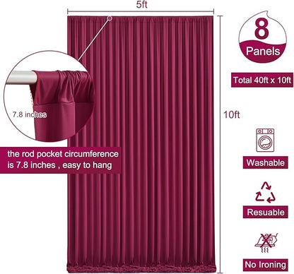 8 Panels Burgundy Backdrop Curtain for Wedding Parties Wrinkle Free Maroon Photo Curtains Backdrop Drapes Fabric Decoration for Birthday Bridal Shower Ceremony 40ft(W) x 10ft(H)