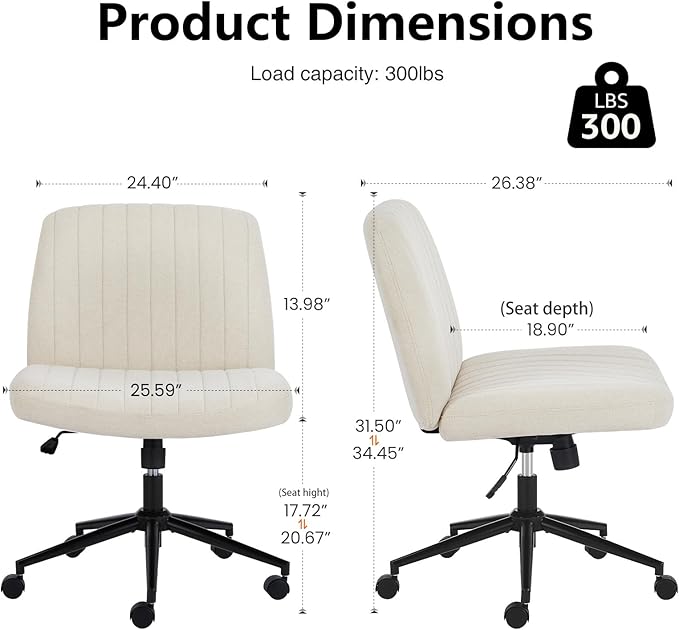 OLIXIS Criss Cross Chair with Wheels Wide Cross Legged Office Desk Vanity Chair Comfy Fabric Armless Adjustable Swivel for Home Computer Task Fabric Beige