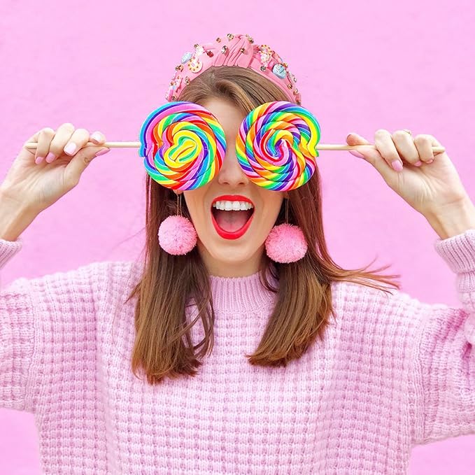 Knotted Headband for Women Lollipop Birthday Cake Crystal Jeweled Embellished Top Knot Hairband Statement Wide Turban Hair Hoop Funny Gifts for Girls Sister Birthday Xmas Holiday Party