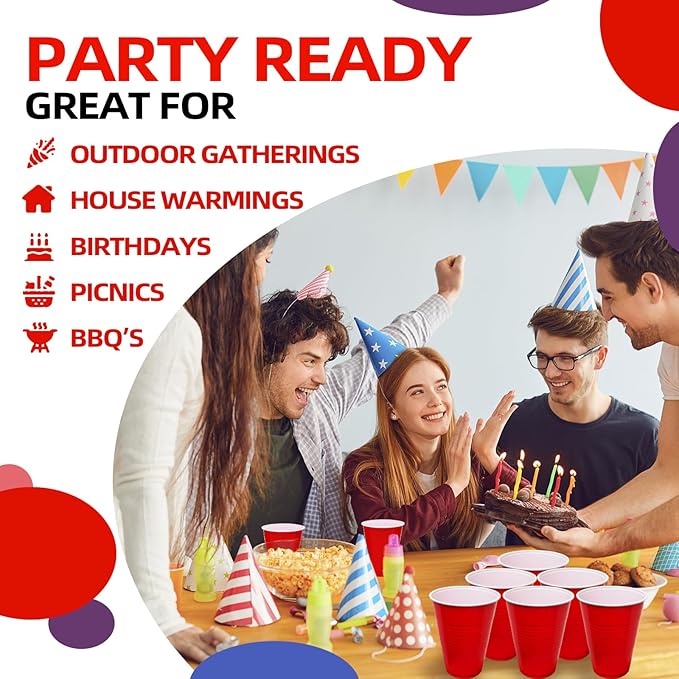 200 Count Plastic Cups Disposable - 16 oz Red Cups for Party Birthday Picnics Christmas Party