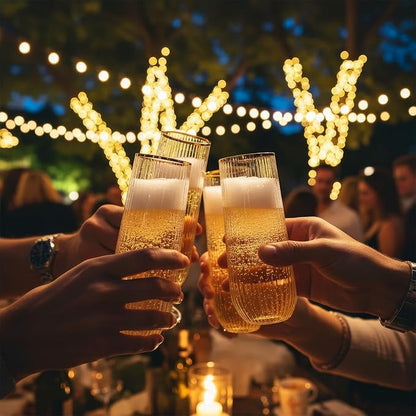 Goodluck 24pack Clear Stemless Plastic Champagne Flutes with Gold Rim，9oz Ribbed Stemless Toasting Glasses，Champagne Flutes Plastic for Weddings, Bars, Events, Party And Celebrations