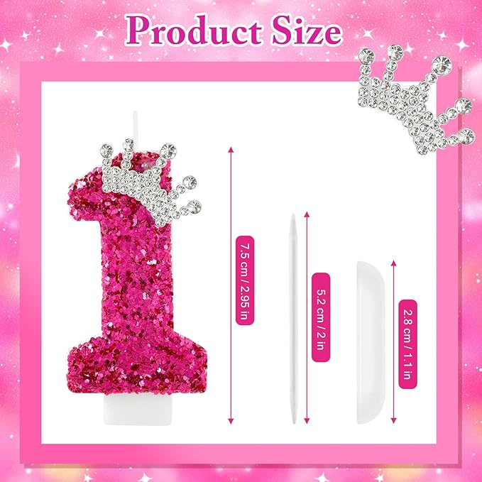 Hot Pink Birthday Candles Crown Number 1 Candle 1st Birthday Party Decorations Cake Topper Cupcake Decor for Anniversary Celebrations Supplies