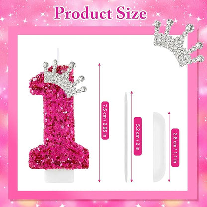 Hot Pink Birthday Candles Crown Number 1 Candle 1st Birthday Party Decorations Cake Topper Cupcake Decor for Anniversary Celebrations Supplies