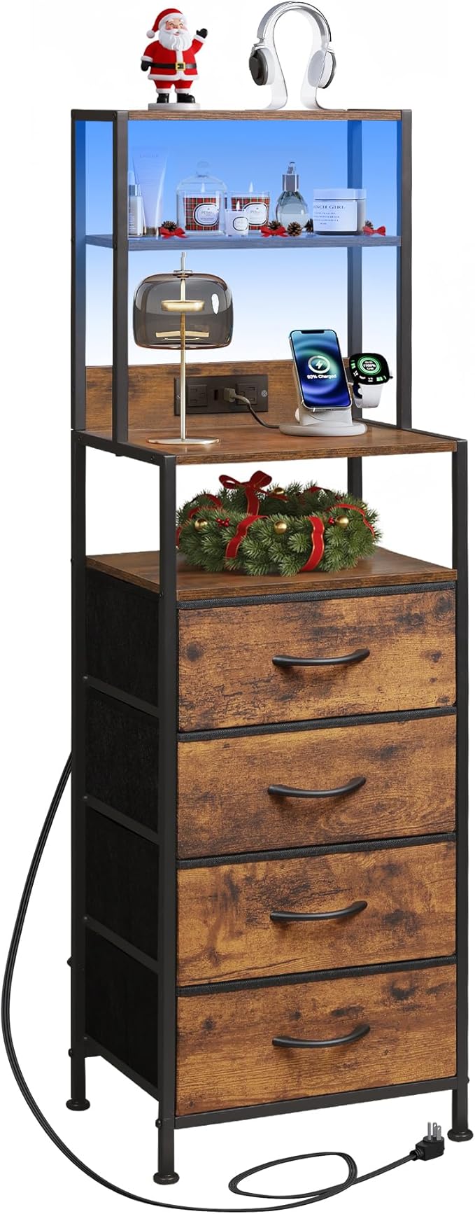 WLIVE Tall Nightstand with Charging Station, LED Night Stand with 4 Drawers and Storage Open Shelves, Fabric Dresser for Bedroom, Living Room, Office, Rustic Brown