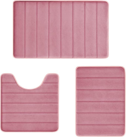 Pink Memory Foam Bath Mat Set, Bathroom Rugs for 3 Pieces, Toilet Mats, Soft Comfortable, Water Absorption, Non-Slip, Thick, Machine Washable, Easier to Dry for Floor Mats Pink Bathroom Sets