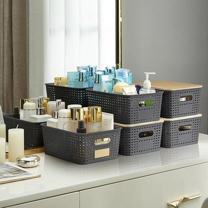 Small Plastic Storage Bins with Bamboo Lids 5.2qt Stackable Box Basket Pantry Decorative Containers Cute with Lable for Organizing Desktop Closet Office Gray of 6 packs 10 * 7.2 * 4.1"