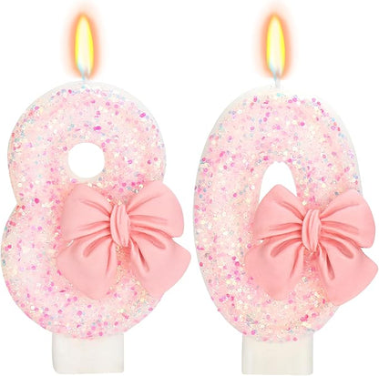 80th Birthday Candles for Cake, Pink Bow Number Cake Candles, 2.76 inch Number Happy Birthday Candle, Cake Topper Decoration for Birthday Party (Number 80)