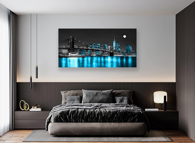 Wall Art Canvas Painting Black White and Blue New York Brooklyn Bridge 1 Piece Cityscape Night Building Picture Poster Print Framed for Living Room Bedroom Kitchen Office Home Decor