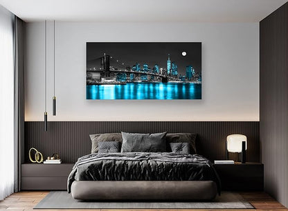 Wall Art Canvas Painting Black White and Blue New York Brooklyn Bridge 1 Piece Cityscape Night Building Picture Poster Print Framed for Living Room Bedroom Kitchen Office Home Decor