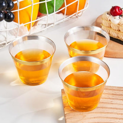 RACETOP 100 Pack 9 oz Gold Plastic Cups Tumbler, Disposable Cups with Gold Rim for Party, Heavy-duty Clear Plastic Wine Glasses, Disposable Wedding Cups