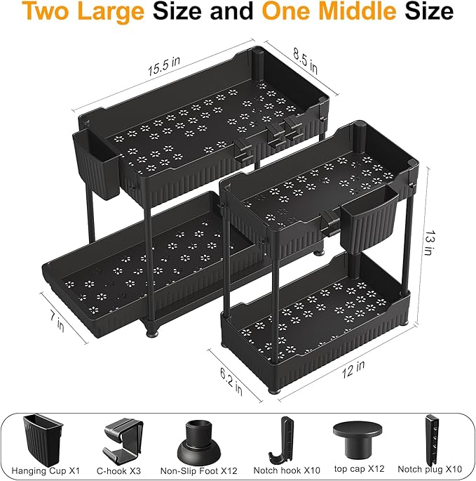 3 Pack Under Sink Organizers,2-Tier Multi-Use Kitchen and Bathroom Organizers and Storage with Sliding Drawers,Bathroom Cabinet Organizer (Black,12.8 Inch)