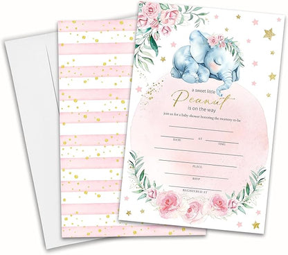 25 Pink Baby Shower Invitations - A Sweet Little Peanut Is On The Way - Cute Little Elephant And Pink Flowers Invites With Envelopes For Boy Girl, Gender Reveal, Baby Shower Favor And Decorations-A07
