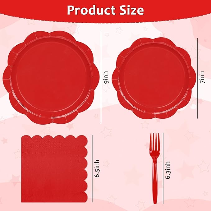 96 Pcs Red Paper Plates and Napkins Set Party Supplies, Tableware set for 24 Guest include Disposable Red Scalloped Plates, Napkins and Forks for Baby Shower Bridal Shower Wedding Christmas