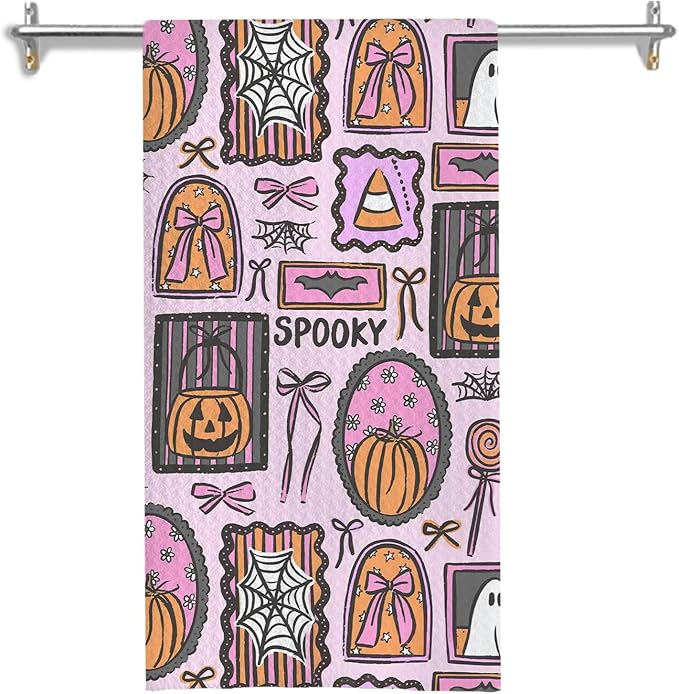 Pink Halloween Kitchen Towels, for Women Girls Dish Tea Towels for Kitchen Decor, Preppy Gothic Ghost Pumpkin Decorative Hand Towel for Bathroom, 16x24 Inches