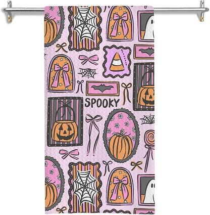 Pink Halloween Kitchen Towels, for Women Girls Dish Tea Towels for Kitchen Decor, Preppy Gothic Ghost Pumpkin Decorative Hand Towel for Bathroom, 16x24 Inches