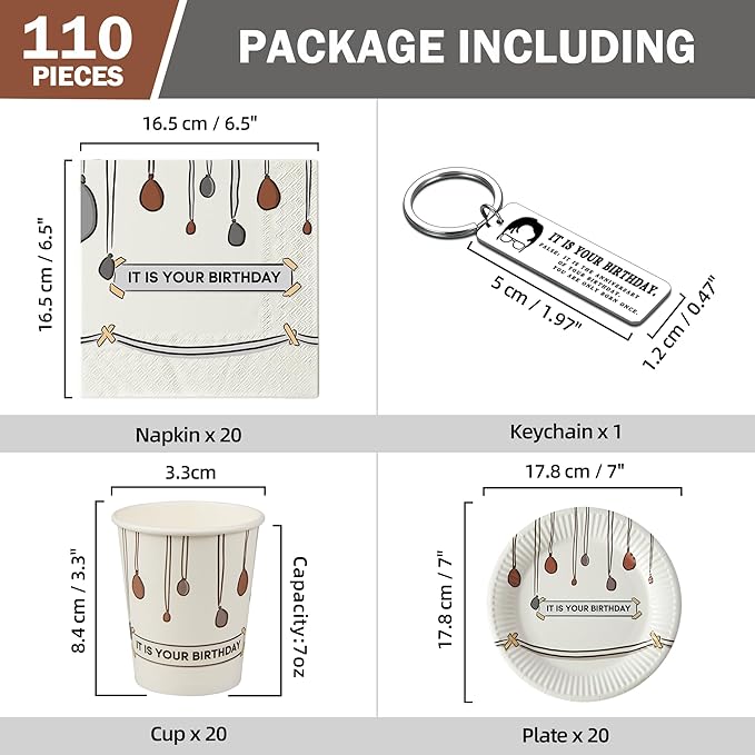 110 PCS It Is Your Birthday Banner Set, The Office Merchandise Banner with Metal Hanging Grommets, Balloons, Plates, Cups, Napkins,Streamer and Tape for Birthday Party Supplies Decorations