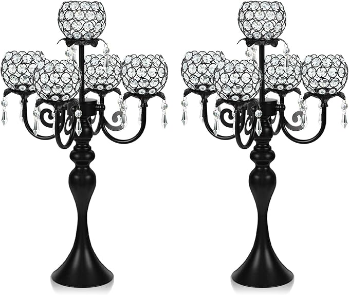 Crystal Tea Light Candle Holders Set - 14" L x 22.5" H Matte Black Metal & Sparkling Accents, Wedding & Party Centerpiece Decor(2, Black)