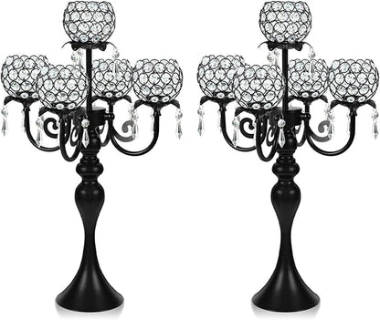 Crystal Tea Light Candle Holders Set - 14" L x 22.5" H Matte Black Metal & Sparkling Accents, Wedding & Party Centerpiece Decor(2, Black)