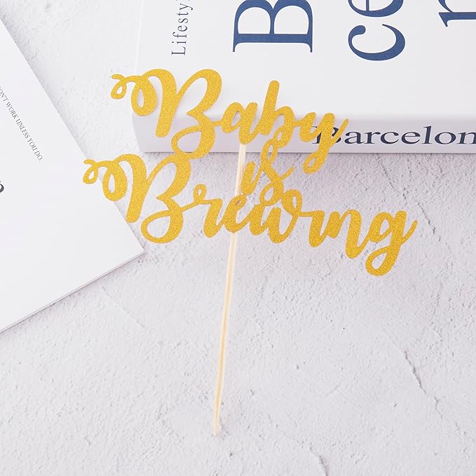 Gold Baby is Brewing Cake Topper - Glitter Baby Shower Cake Topper, Gender Reveal, Baby Arrival Announcement Party Cake Decorations