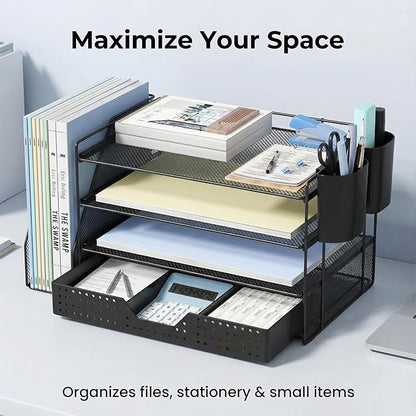 Desk Organizer, 4-Tier Paper Organizer Letter Tray with File Holder, Drawer and 2 Pen Holders, Desktop File Organizer for Office Supplies, Workspace Storage, Black