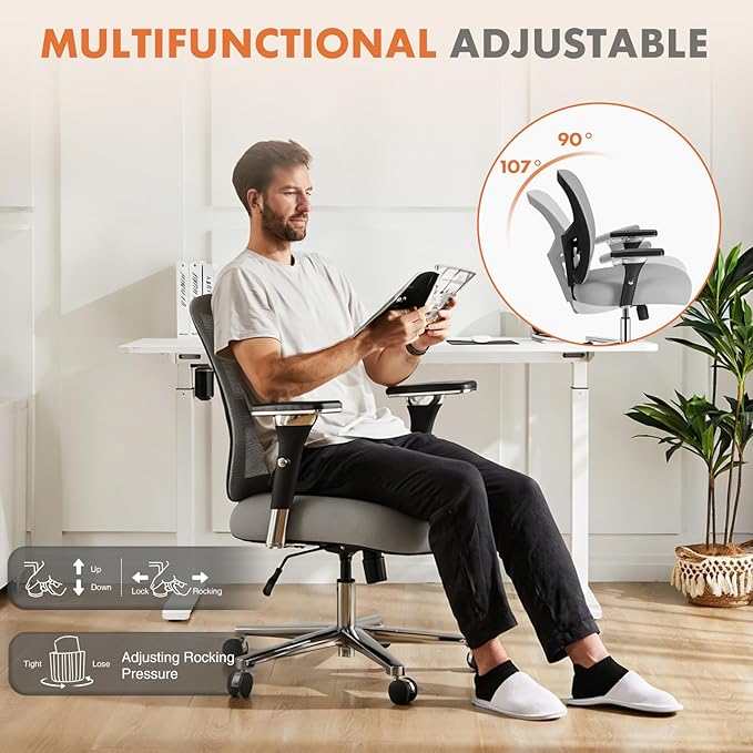 Sweetcrispy Big and Tall Office Desk Chair with Lumbar Support, 500lbs Heavy Duty Mesh Ergonomic Computer Chair with 4D Armrest and Wide Comfy Seat, Wheels for Adult, Grey