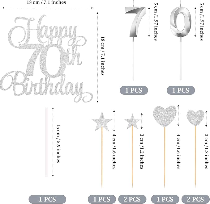 70th Birthday Cake Decorations, 70th Birthday Candles Cake Numeral Candles and Glitter Happy 70th Birthday Cake Toppers Set for Birthday Party Supplies (Silver)