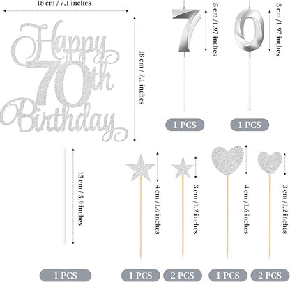 70th Birthday Cake Decorations, 70th Birthday Candles Cake Numeral Candles and Glitter Happy 70th Birthday Cake Toppers Set for Birthday Party Supplies (Silver)