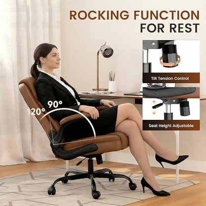 GTPLAYER Leather Office Chair, Home Desk Chair with Flip-up Arms and Ergonomic Back - Comfy Heavy Duty Executive Chair for Home Office Gaming, Brown