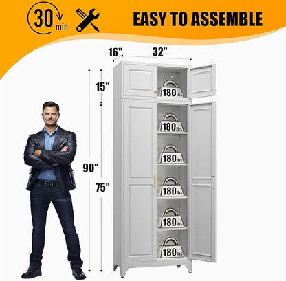 Kitchen Pantry Storage Cabinets, 90" Tall Metal Storage Cabinet with Doors and 4 Shelves, White Pantry Cabinet, Utility Kitchen Cupboard, Large Steel Cabinets for Dining Room, Office, Living Room