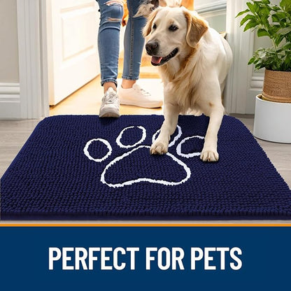OLANLY Dog Door Mat for Muddy Paws 70x24, Paw Print Design, Absorbs Moisture and Dirt, Absorbent Non-Slip Washable Doormat, Quick Dry Chenille Mud Mat for Dogs, Entry Indoor Entryway Carpet, Navy Blue