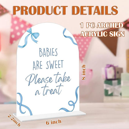 Babies Are Sweet Please Take a Treat Sign - Blue Bow Baby Shower Sign, 1 Pack Arch Acrylic Sign with Stand, Gender Reveal Party Table Decor, Blue Baby Shower Supplies (SP08)
