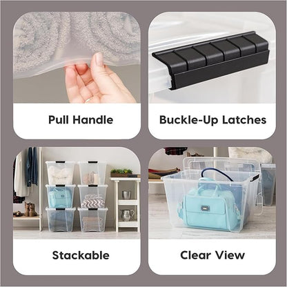 IRIS USA 12 Pack WeatherPro 54 Quart Stackable Storage Tote Bins, Plastic Gasket Box with Tight Latching Lids and Seal, Clear/Black