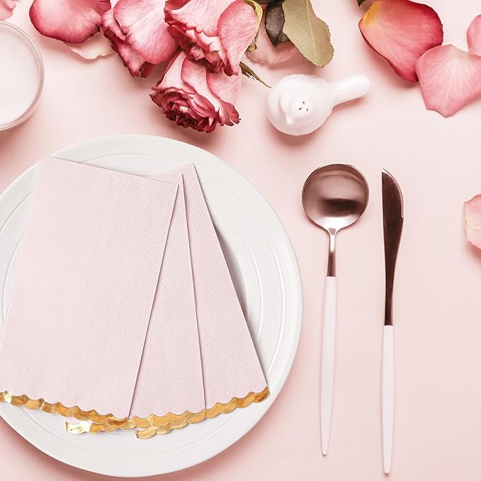 50 Pink Paper Napkins Decorative, Gold Foil Scalloped Edged Guest Napkins Disposable, Dinner Napkins for Wedding, Shower Baby, Birthday Parties Supplies(4 x 8 In, Pink)