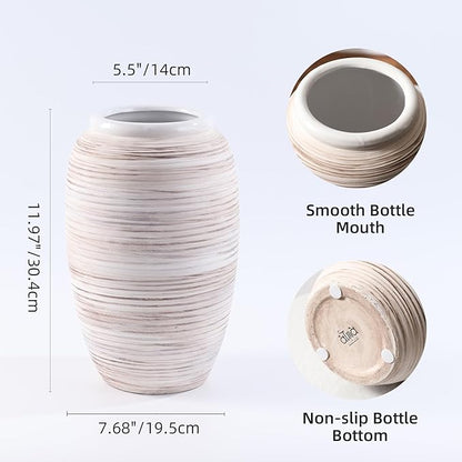 ALMA Wide Mouth Large Ceramic Vase, 12'' Tall White Rustic Pampas Grass Vase for Table Centerpieces, Boho Decorative Vase for Living Room, Farmhouse, Entryway, Mantel, Bookshelf, Home Decor