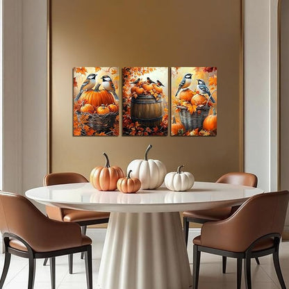 YMXDYMJSW Autumn Wall Art 3 Pieces Pumpkin with Sparrows Picture Prints Fall Harvest Birds Canvas Painting Thanksgiving Theme Artwork for Farmhouse Decor Frame (Yellow,11.00" x 14.00" x 3PCS)