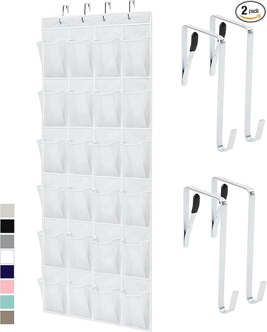 GORILLA GRIP Over the Door Shoe Organizer, 2 Pack, 24 Breathable Mesh Pockets, Space Saving Hanging Storage Holder, Closet Rack Hanger Holds Up to 40 lbs, Hangs on Closets, Shoes, Accessories, White