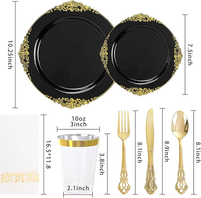 YOUBET 700PCS Black Plastic Plates - Black and Gold Plates - Gold Plastic Dinnerware Set Include 200 Disposable Plate, 300 Heavy Duty Silverware, 100 Cups, 100 Napkins for Wedding & Party New Year