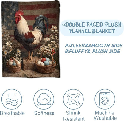 Patriotic Rooster Blanket,Vintage American Flag Easter Egg and Flower Blankts,Gifts for Patriots Farmhouse Lovers Nature Fans,Cabin Picnic Travel Decor,Soft Lightweight Flannel Throw,50"x60"