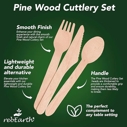 rebEarth 300 PCS disposable 120 Forks 120 Spoons 60 Knives All Natural Eco-Friendly Heavyweight Cutlery Set 6.3" - Durable, Heat Resistant - Perfect Alternative to Plastic for Every Occasion