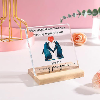 Valentines Day Gift for Her Him - Wedding Anniversary Acrylic Plaque Keepsake - Penguin Romantic I Love You Gifts for Couple Wife Husband Girlfriend Boyfriend Fiancee (Penguin)