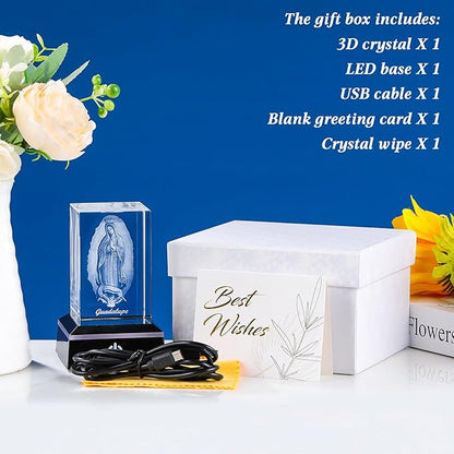 Movdyka 3D Virgen De Guadalupe Statues Decorations Religious Gifts for Women Laser Etched Crystal Our Lady of Guadalupe The Blessed Virgin Mary Glass Statues with Colorful LED Base