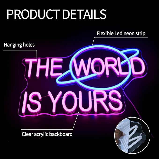 The World is Yours Neon Sign for Wall Decor Dimmable Pink Led Lights Signs for Bedroom Letters Neon Light for Office Game Room Man Cave Graduation Party Wedding Decor Birthday Gift for Girl