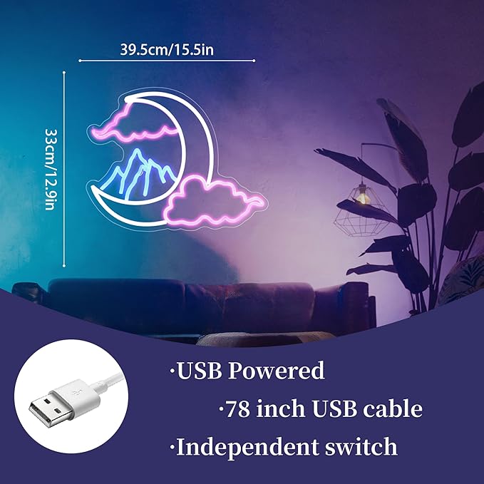 Moon Cloud Mountain Neon Sign Girl Room Decor Led Neon Lights Signs for Wall Decor USB Powered Led for Room Decoration