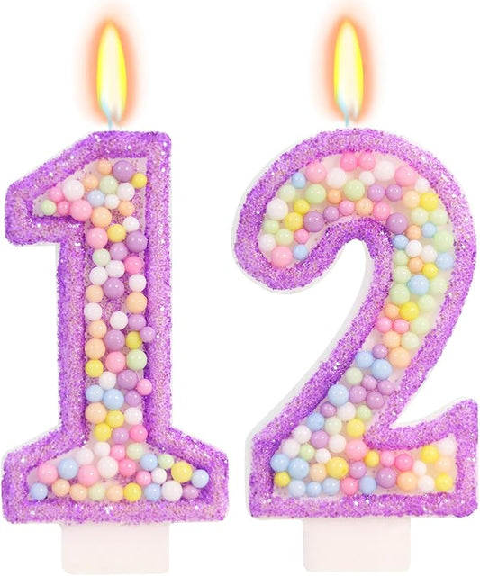 Purple Birthday Candles - Number 12 Candle, Colorful Macaron Candles, 12 Birthday Decorations for Girls, Purple Cake Decorations, Theme Party Supplies