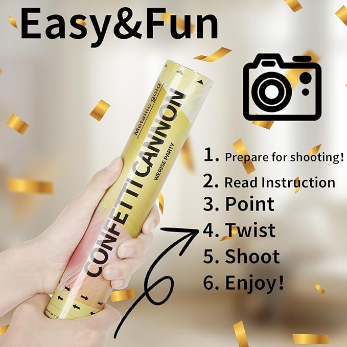Gold Confetti Poppers Cannon, 6 Pack WERISE Party Gold Mylar Party Poppers Shooters for Birthday, Wedding, Graduation New Year Celebration 12 Inch