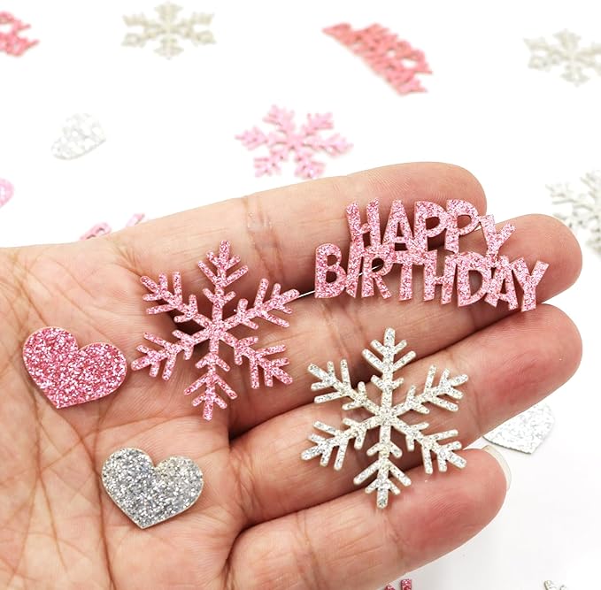Pink Silver Snowflake Happy Birthday Confetti for Table – 200PC Glitter Snowflakes Table Confetti for Girl Winter Wonderland Birthday Party Decorations
